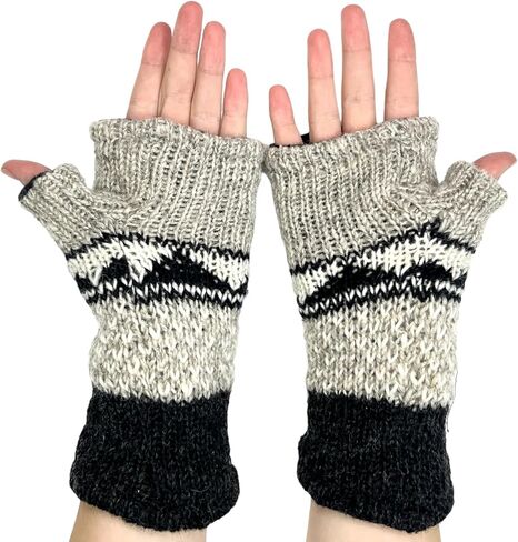 Hand Knit Graphic Neutral Color Fingerless Gloves Wool Fleece Lined Texting Mittens Arm Warmers in Saudi Arabia