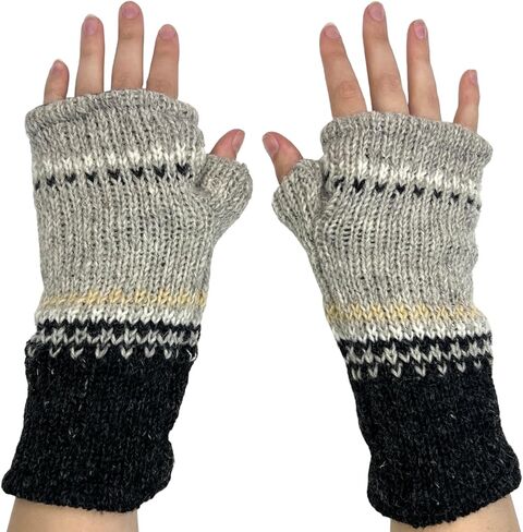 Hand Knit Graphic Neutral Color Fingerless Gloves Wool Fleece Lined Texting Mittens Arm Warmers in Saudi Arabia