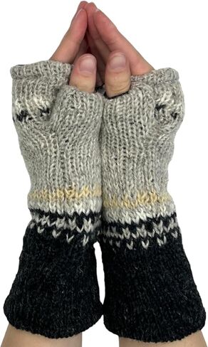 Hand Knit Graphic Neutral Color Fingerless Gloves Wool Fleece Lined Texting Mittens Arm Warmers in Saudi Arabia