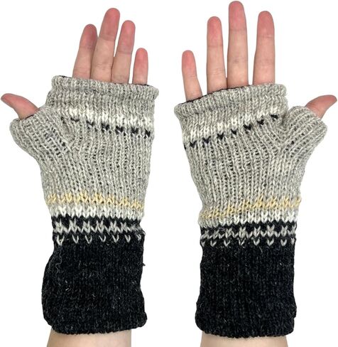 Hand Knit Graphic Neutral Color Fingerless Gloves Wool Fleece Lined Texting Mittens Arm Warmers in Saudi Arabia