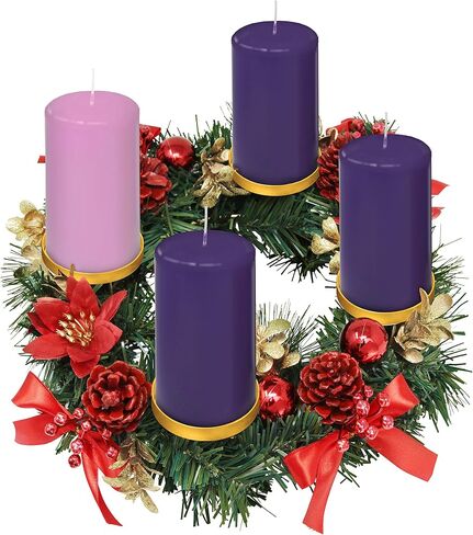 مجموعة شموع Advent من 4 - صُنعت في الولايات المتحدة الأمريكية - شموع عمود مجيء لا يوجد بها تنقيط - شموع ريفية أرجوانية ووردية غير معطرة لتزيين ديكور الكنيسة والمنزل - حاملات شموع على شكل حلقات أكاليل مجيء in Kuwait