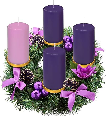 مجموعة شموع Advent من 4 - صُنعت في الولايات المتحدة الأمريكية - شموع عمود مجيء لا يوجد بها تنقيط - شموع ريفية أرجوانية ووردية غير معطرة لتزيين ديكور الكنيسة والمنزل - حاملات شموع على شكل حلقات أكاليل مجيء in Kuwait