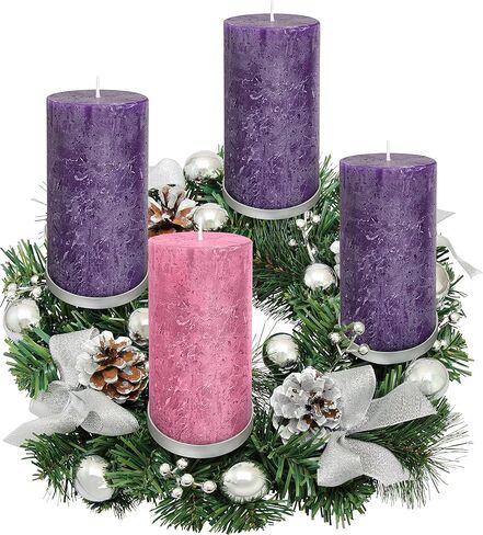 مجموعة شموع Advent من 4 - صُنعت في الولايات المتحدة الأمريكية - شموع عمود مجيء لا يوجد بها تنقيط - شموع ريفية أرجوانية ووردية غير معطرة لتزيين ديكور الكنيسة والمنزل - حاملات شموع على شكل حلقات أكاليل مجيء in Kuwait