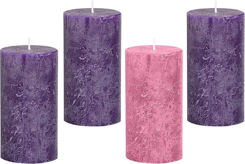 مجموعة شموع Advent من 4 - صُنعت في الولايات المتحدة الأمريكية - شموع عمود مجيء لا يوجد بها تنقيط - شموع ريفية أرجوانية ووردية غير معطرة لتزيين ديكور الكنيسة والمنزل - حاملات شموع على شكل حلقات أكاليل مجيء in Kuwait