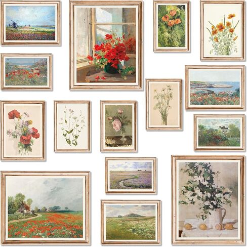 LANCHI95 15pcs Floral Wall Art, Vintage Flower Wall Art, Red Poppies Paintings Spring Landscape Decor, Eclectic French Country Botanical Painting (UNFRAMED) in Saudi Arabia