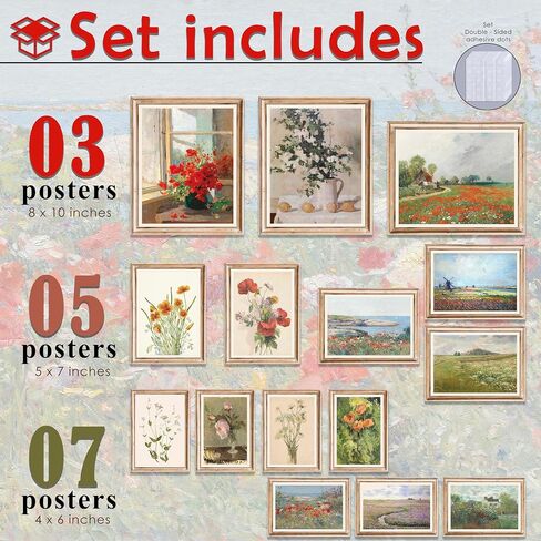 LANCHI95 15pcs Floral Wall Art, Vintage Flower Wall Art, Red Poppies Paintings Spring Landscape Decor, Eclectic French Country Botanical Painting (UNFRAMED) in Saudi Arabia