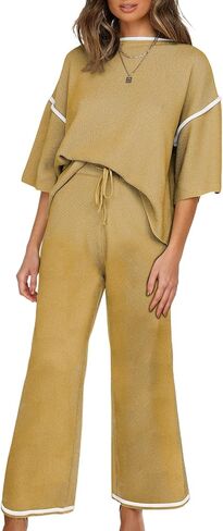 SHEWIN ملابس نسائية مكونة من قطعتين ملابس غير رسمية بأكمام قصيرة سترة متماسكة مطابقة بنطال ذو قصة أرجل واسعة أطقم صالة رياضية in Kuwait