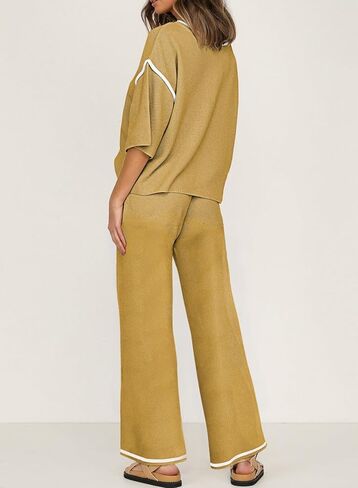 SHEWIN ملابس نسائية مكونة من قطعتين ملابس غير رسمية بأكمام قصيرة سترة متماسكة مطابقة بنطال ذو قصة أرجل واسعة أطقم صالة رياضية in Kuwait