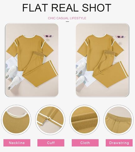 SHEWIN ملابس نسائية مكونة من قطعتين ملابس غير رسمية بأكمام قصيرة سترة متماسكة مطابقة بنطال ذو قصة أرجل واسعة أطقم صالة رياضية in Kuwait