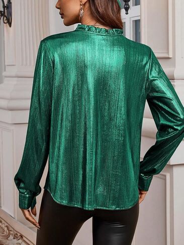 Women's Button Up Metallic Blouse Long Sleeve Ruffle V Neck Shiny Party Shirts in Saudi Arabia