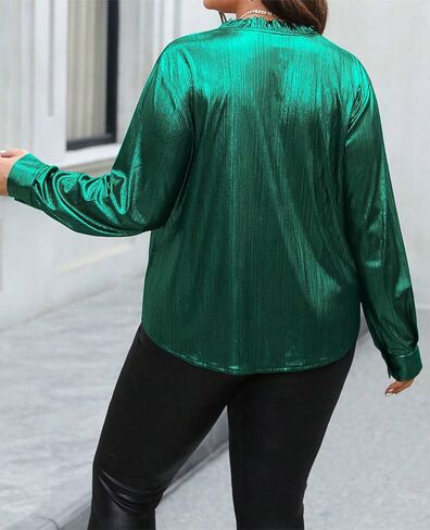 Women's Button Up Metallic Blouse Long Sleeve Ruffle V Neck Shiny Party Shirts in Saudi Arabia