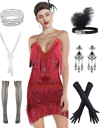 1920s Gatsby Sleeve Sequin Fringed Paisley 20s Costume Cocktail Flapper Dress w/ 20s Accessories Set in Kuwait
