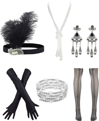 1920s Gatsby Sleeve Sequin Fringed Paisley 20s Costume Cocktail Flapper Dress w/ 20s Accessories Set in Kuwait