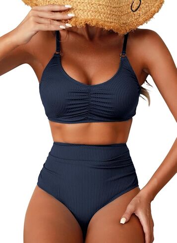 Herseas Women's Loop Straps Bikini Sets 2 Piece Shine Ribbed Swimsuits Ruched High Waisted Bathing Suits in Saudi Arabia