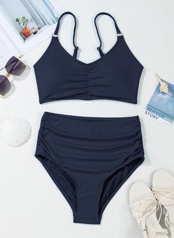 Herseas Women's Loop Straps Bikini Sets 2 Piece Shine Ribbed Swimsuits Ruched High Waisted Bathing Suits in Saudi Arabia