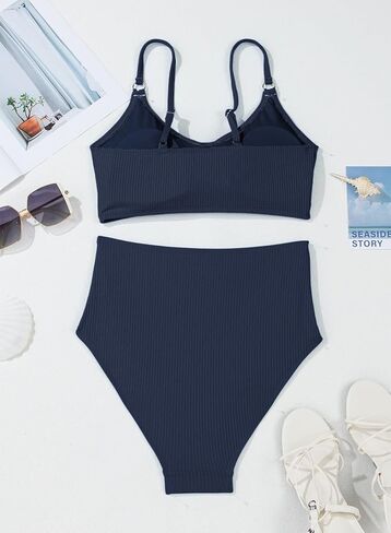 Herseas Women's Loop Straps Bikini Sets 2 Piece Shine Ribbed Swimsuits Ruched High Waisted Bathing Suits in Saudi Arabia