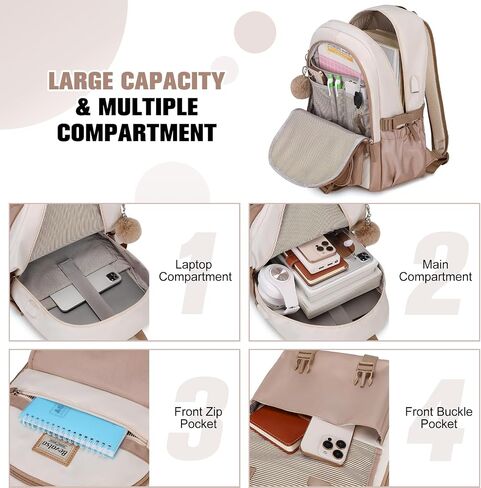 Bevalsa Backpacks for Girls, Laptop Backpack for Women, Girls Backpack with Lunch Bag & Pencil Pouch for Teens Girls Kids Elementary Middle High School College Student Bookbag Daypack (Khaki Beige) in Saudi Arabia
