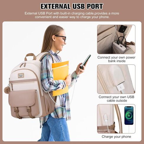 Bevalsa Backpacks for Girls, Laptop Backpack for Women, Girls Backpack with Lunch Bag & Pencil Pouch for Teens Girls Kids Elementary Middle High School College Student Bookbag Daypack (Khaki Beige) in Saudi Arabia