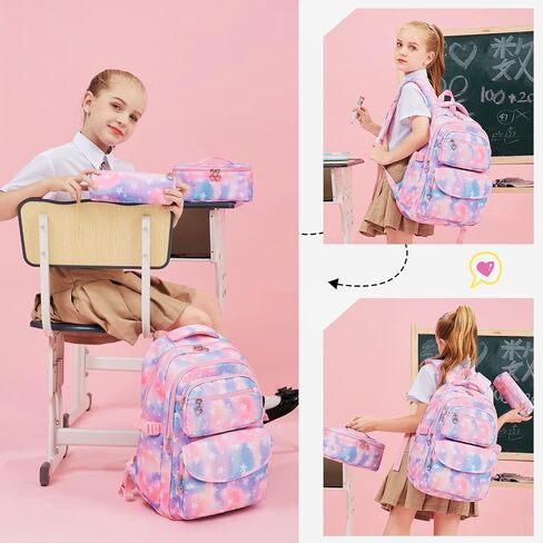 Girls Backpack with Lunch Box for Elementary School & Middle School,17 Inch Purple Lightweight School Backpack with Lunch Bags Set for Girls in Saudi Arabia