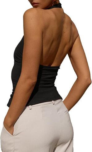 Tankaneo Womens Sexy Scoop Neck Halter Tops Backless Ruched Knit Tank Tops Summer Sleeveless Fitted Going Out Shirts in Kuwait