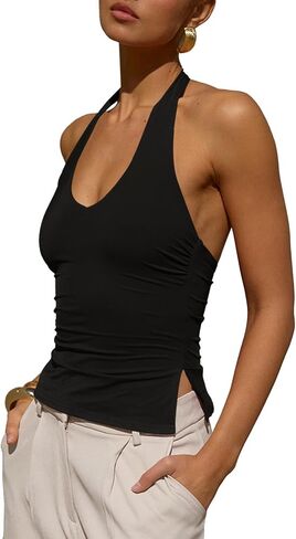 Tankaneo Womens Sexy Scoop Neck Halter Tops Backless Ruched Knit Tank Tops Summer Sleeveless Fitted Going Out Shirts in Kuwait