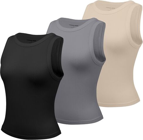 3 Pack Tank Tops for Women, Ribbed Seamless Crew Neck Womens Workout Crop Top Yoga Gym Shirts in Kuwait