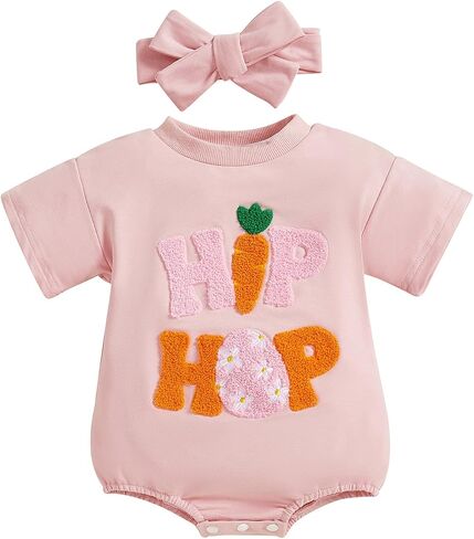 FYBITBO Newborn Baby Girl Easter Outfit Bunny Romper Short Sleeve Bodysuit Jumpsuit Headband Infant My First Easter Clothes in Saudi Arabia