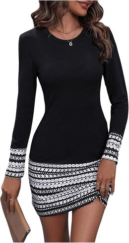 Women's Long Sleeve Printed Bodycon Dresses Crew Neck Pencil Tshirt Dress Casual Office Dress in Saudi Arabia