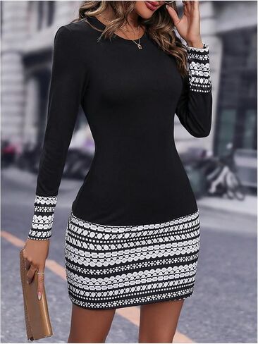 Women's Long Sleeve Printed Bodycon Dresses Crew Neck Pencil Tshirt Dress Casual Office Dress in Saudi Arabia