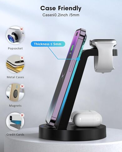 قاعدة شحن لاسلكية، شاحن لاسلكي 3 في 1 لهواتف iPhone 14/13/12/11/Pro/Max/SE/XS/XR/X/8 Plus/8، قاعدة شحن لاسلكية سريعة لسلسلة ساعات Apple وAirpods in Kuwait