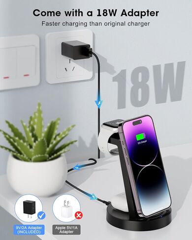 قاعدة شحن لاسلكية، شاحن لاسلكي 3 في 1 لهواتف iPhone 14/13/12/11/Pro/Max/SE/XS/XR/X/8 Plus/8، قاعدة شحن لاسلكية سريعة لسلسلة ساعات Apple وAirpods in Kuwait