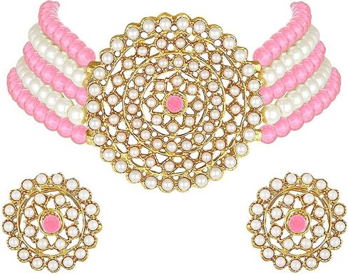 Aheli Pearl Diamond Choker Necklace with Round Earrings Gift for Women Indian Traditional Bollywood Fashion Jewelry Set in Saudi Arabia