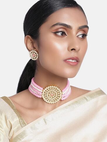 Aheli Pearl Diamond Choker Necklace with Round Earrings Gift for Women Indian Traditional Bollywood Fashion Jewelry Set in Saudi Arabia