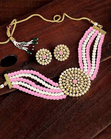 Aheli Pearl Diamond Choker Necklace with Round Earrings Gift for Women Indian Traditional Bollywood Fashion Jewelry Set in Saudi Arabia