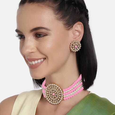 Aheli Pearl Diamond Choker Necklace with Round Earrings Gift for Women Indian Traditional Bollywood Fashion Jewelry Set in Saudi Arabia