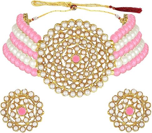 Aheli Pearl Diamond Choker Necklace with Round Earrings Gift for Women Indian Traditional Bollywood Fashion Jewelry Set in Saudi Arabia