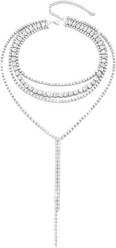 Layered Wedding Choker Rhinestone Necklace Sparkly Long Crystal Neck Chain for Women in Saudi Arabia