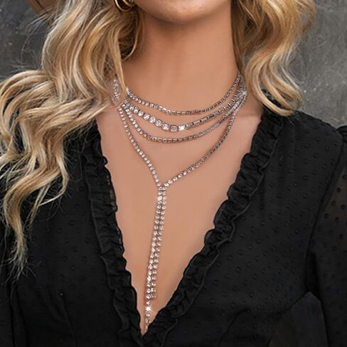Layered Wedding Choker Rhinestone Necklace Sparkly Long Crystal Neck Chain for Women in Saudi Arabia