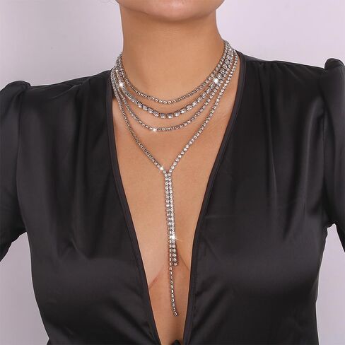 Layered Wedding Choker Rhinestone Necklace Sparkly Long Crystal Neck Chain for Women in Saudi Arabia