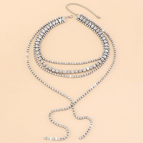 Layered Wedding Choker Rhinestone Necklace Sparkly Long Crystal Neck Chain for Women in Saudi Arabia