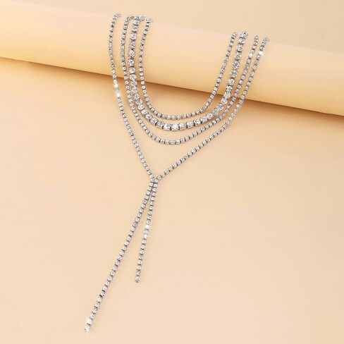 Layered Wedding Choker Rhinestone Necklace Sparkly Long Crystal Neck Chain for Women in Saudi Arabia