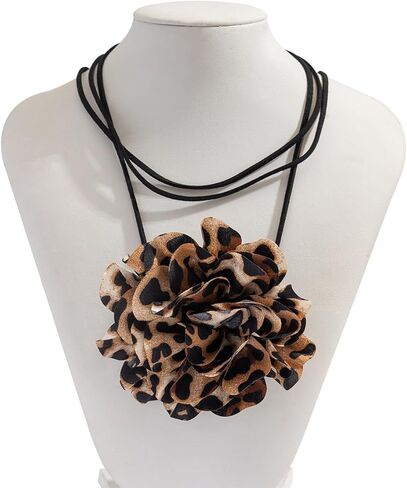 MIFYNN Leopard Print Flower Necklace for Women Big Flower Choker Necklace Adjustable Lace-Up Design Handmade Floral Necklace Leopard Print Flower Necklace Bride Wedding Party Jewelry in Kuwait