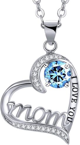 UEUC I LOVE YOU Mom Birth Stones Necklace, Silver Love Heart Pendant Necklace for Mom, Necklace Gift for Mother with 18''+2'' Chain in Saudi Arabia