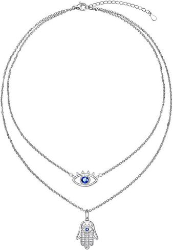 S925 Sterling Silver Evil Eye Hamsa Hand CZ Triple Layered Necklaces for Women in Kuwait