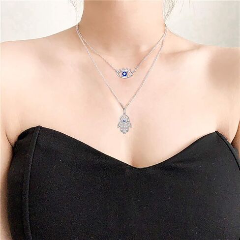 S925 Sterling Silver Evil Eye Hamsa Hand CZ Triple Layered Necklaces for Women in Kuwait