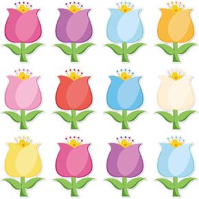 Whaline 45Pcs Spring Tulip Floral Cutouts Colorful Flower Shape Paper Cut Outs with 100Pcs Glue Points 9 Colors Assorted Bulletin Board Decor for DIY Craft Art School Home Party Favor