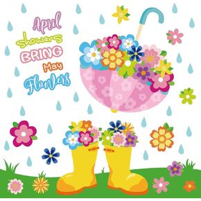 94Pcs April Showers Bring May Flowers Spring Cutouts Floral Umbrella Rain Boot Paper Cut-Outs with 200Pcs Glue Points Colorful Bulletin Board Decor for Wall DIY Craft Art School Party