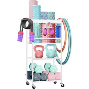 Home Gym Storage Rack, Yoga Mat Storage Racks, Workout Equipment Storage Organizer for Yoga Ball Dumbbell Kettlebells Foam Roller Resistance Bands, Exercise Shelf with Hooks and Wheels