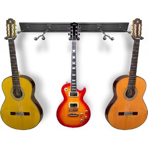 Guitar Wall Mount Rack - 5 Adjustable Hangers for Acoustic, Bass, Electric Guitars, Ukulele, Banjo, Mandolin, Violin - Includes Capo & String Cleaner