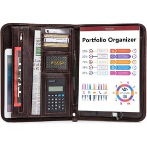 IVESIGN Faux Leather Business Padfolio Portfolio with Calculator and Writing Pad, Professional Interview Briefcase Padfolio with Zippered Closure, Interior 10.1 Inch Tablet Sleeve Dark Brown